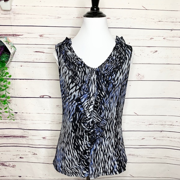 212 Collection Blue & Black Sleeveless Ruffled Blouse Top Size Small - Picture 3 of 7